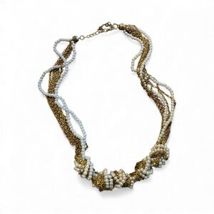 Knotted Baby Blue Faux Pearl & Gold Tone Chains Necklace Baroque New Romantic